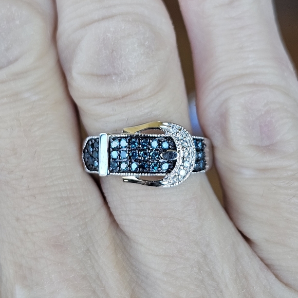 Genuine Blue & White Diamond Buckle Ring Sterling Silver Sz 7! - Picture 6 of 7